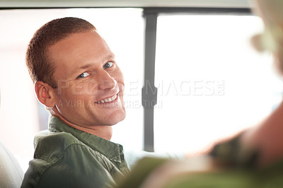 Buy stock photo Portrait, smile and man on road trip in car for outdoor adventure, freedom and travel for summer vacation. Transportation, journey and face of male person for happiness, sunshine or relaxing holiday 