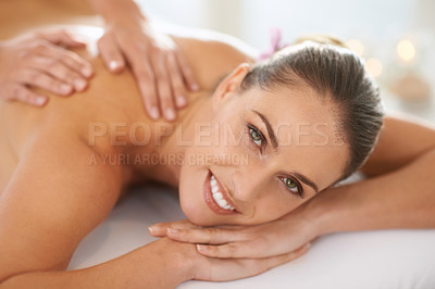 Buy stock photo Woman, portrait and smile for body massage or spa treatment stress relief at resort, physical therapy or peace. Female person, face and hands or relax service in Hawaii or skincare, calm or comfort