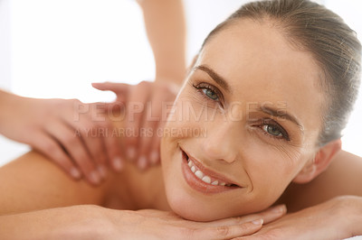 Buy stock photo Woman, portrait and smile for massage or hands for spa treatment stress relief at resort, physical therapy or peace. Female person, face and relax service in Hawaii for skincare, vacation or comfort