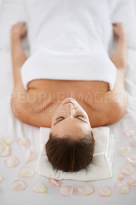 Buy stock photo Relax, massage and woman on bed at spa for health, wellness and balance with luxury holistic treatment. Self care, peace and girl on table for body therapy, comfort and calm pamper service from above