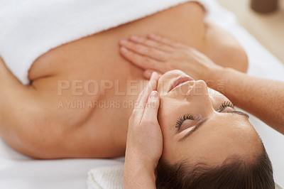 Buy stock photo Woman, hand and massage for spa treatment or facial wellness at holiday resort or vacation, relaxing or skincare. Female person, masseuse and fingers in Hawaii or dermatology, cosmetics or beauty