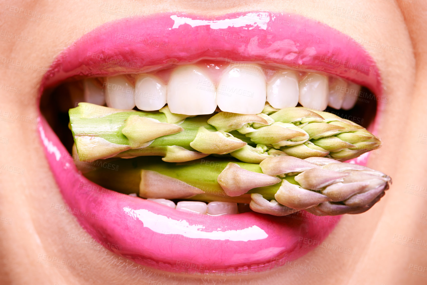Buy stock photo Woman, lipstick and closeup of vegetables in mouth for beauty, nutrition and healthy with vegan cosmetic product. Cruelty free makeup, cosmetology and asparagus, pink lip gloss for aesthetic or art