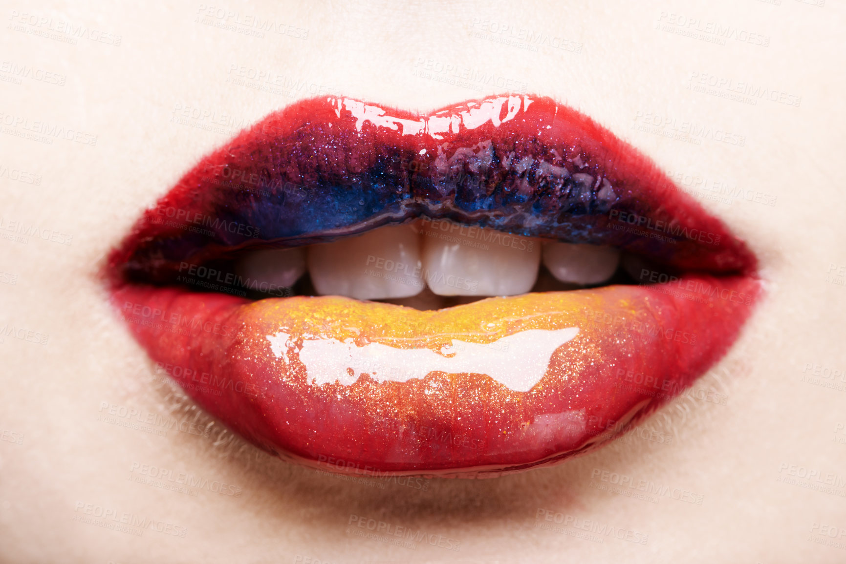 Buy stock photo Cropped shot of a woman's multicoloured lips