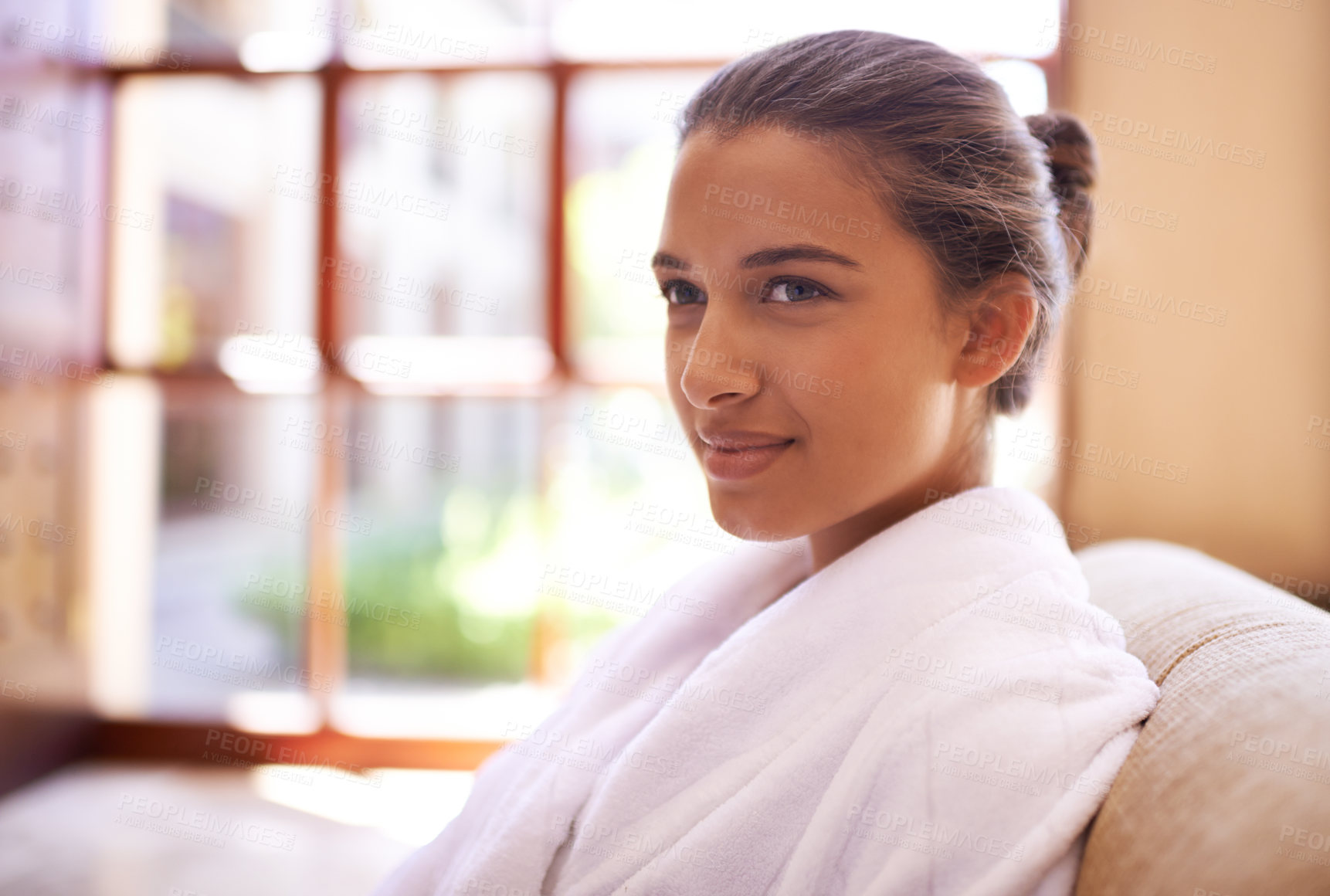 Buy stock photo Spa, thinking and woman with hotel, relax and vacation with getaway trip and adventure with peace and holiday. Person, hospitality and girl with luxury and bathrobe with wellness, ideas and skincare