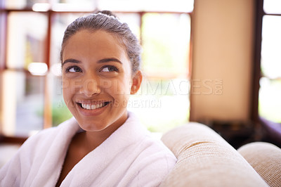 Buy stock photo Spa, thinking and woman with smile, wellness and vacation with getaway trip and luxury hotel. Person, hospitality industry and girl with peace and bathrobe with relax and skincare with holiday