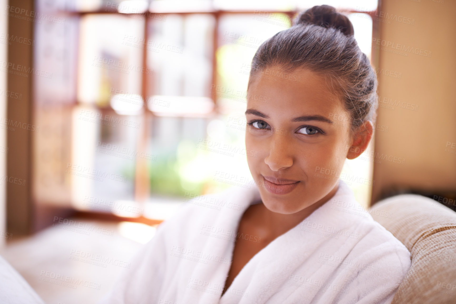 Buy stock photo Spa, portrait and woman with wellness, relax and vacation with getaway trip and adventure. Person, hospitality and girl with luxury or bathrobe with aesthetic or skincare with holiday, peace or hotel