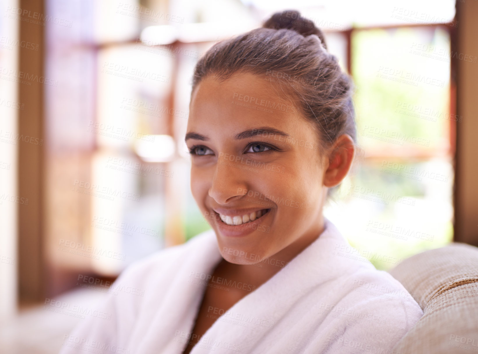 Buy stock photo Spa, thinking and woman with smile, relax and vacation with getaway trip and adventure. Person, hospitality and girl with luxury and bathrobe with wellness and skincare with holiday, peace and hotel