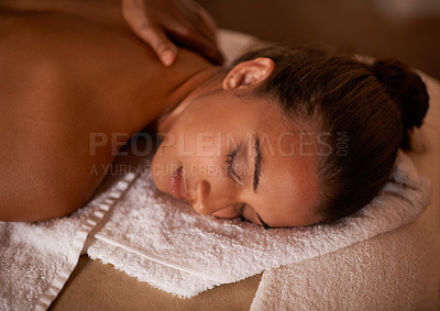 Buy stock photo Face, massage and relax with woman at spa as customer for luxury pamper treatment or wellness. Beauty, peace and skincare with back of young person on bed or table at salon for natural stress relief