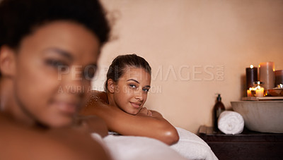 Buy stock photo Portrait, spa and massage with women, relax and hospitality industry with hotel and vacation. Face, best friends and girls on a table, stress relief and luxury with wellness and customer with peace