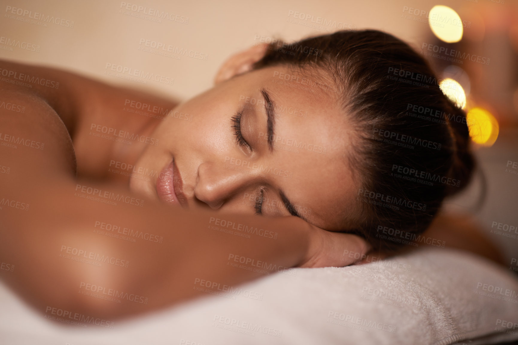 Buy stock photo Calm, peace and woman in spa to relax for vitality or wellbeing, luxury and pamper for body care or treatment. Female person, resort and carefree for stress relief, zen wellness and massage therapy.