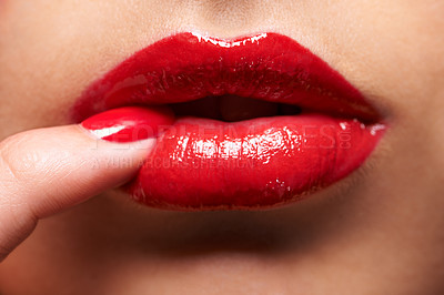 Buy stock photo Makeup, red lipstick and closeup of woman lips with trendy, beauty and manicure treatment. Mouth, cosmetics and zoom of female person with gloss for shine and nail polish for cosmetology routine.
