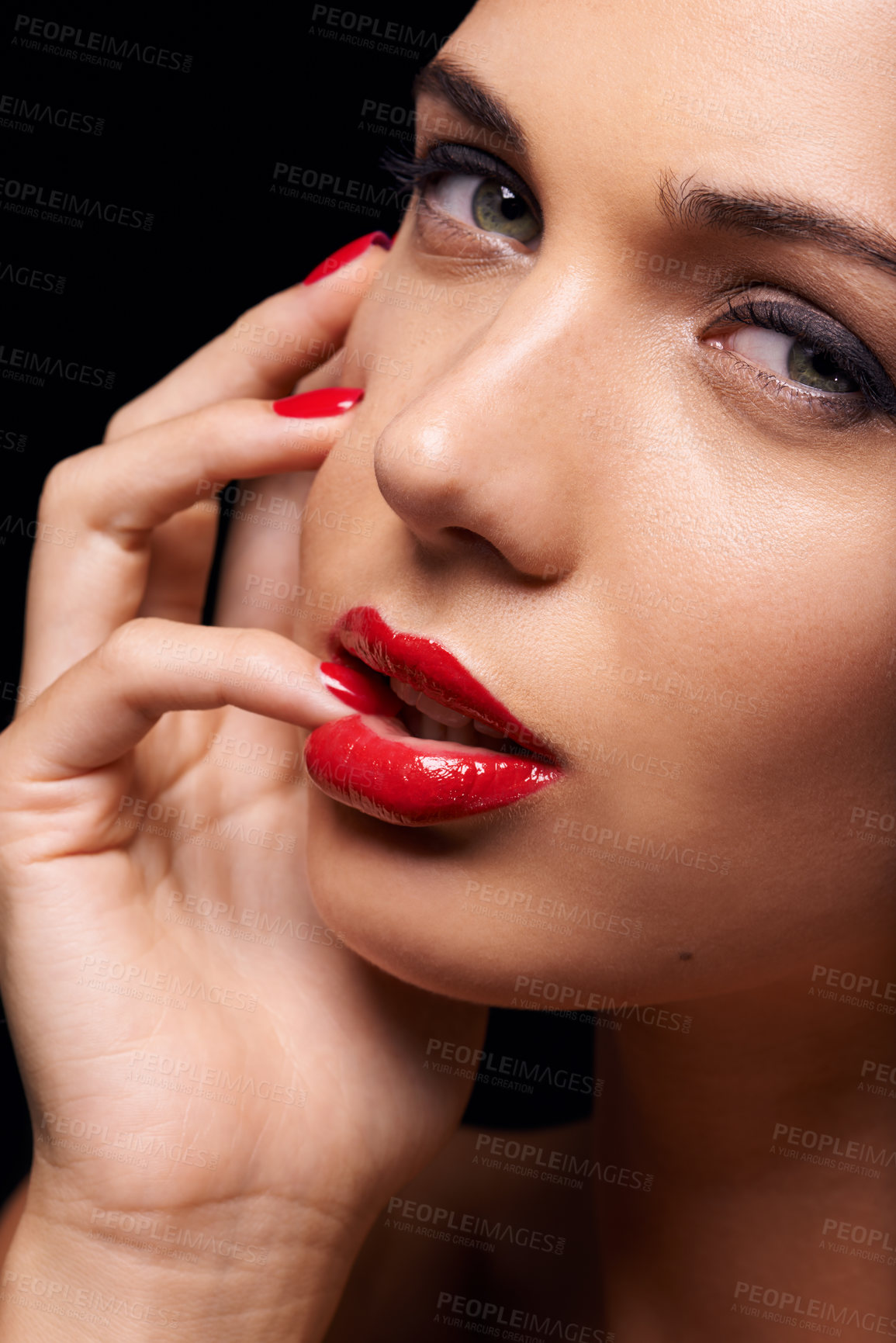 Buy stock photo Makeup, manicure and portrait of woman in studio with trendy, beauty and face routine with red lips. Cosmetics, nail polish and female model with facial cosmetology treatment by black background.