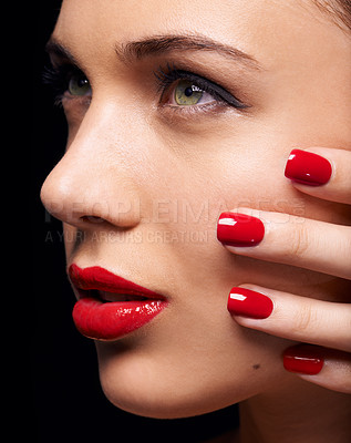 Buy stock photo Makeup, manicure and face of woman in studio with trendy, beauty and facial routine with red lips. Cosmetics, nail polish and female model with cosmetology treatment by dark black background.