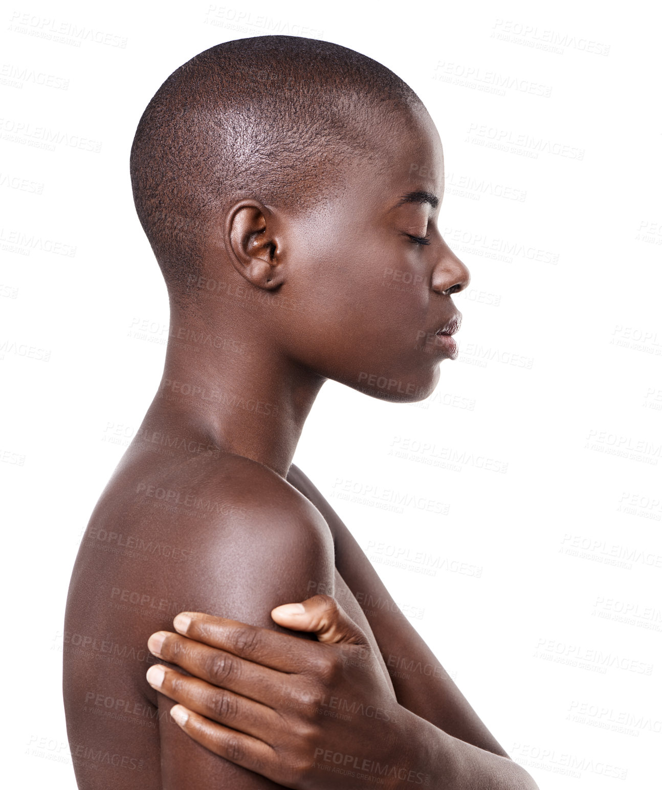 Buy stock photo Profile of black woman, natural or skincare with beauty, cosmetics or healthy shine in studio. Side view, bald head or serious African girl model with wellness or glow results on white background 