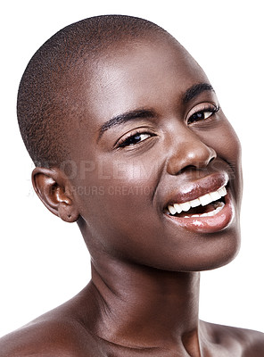 Buy stock photo Portrait of black woman, happy or glow with beauty, cosmetics or healthy skin isolated in studio. Wellness, bald head or African girl model with shine, smile or skincare results on white background 