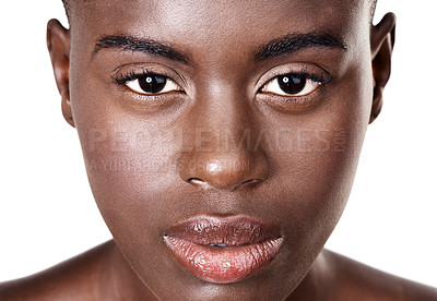 Buy stock photo African, woman and closeup studio portrait for beauty, serious model and makeup for cosmetic and natural skincare. Glowing face, dermatology and wellness for black girl isolated on white background