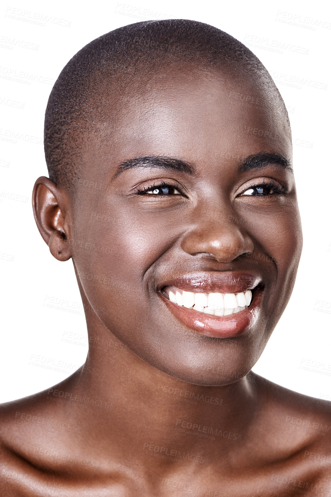 Buy stock photo African, woman and closeup for studio beauty, happy model and thinking of makeup for cosmetic and natural skincare. Glowing face, dermatology and wellness for black girl isolated on white background