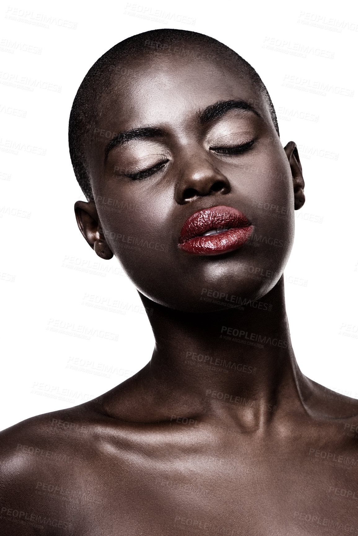 Buy stock photo African, face and beauty from skincare or makeup in studio on white background with glow on skin. Calm, model and lipstick from cosmetics and black woman relax with dermatology in mockup space
