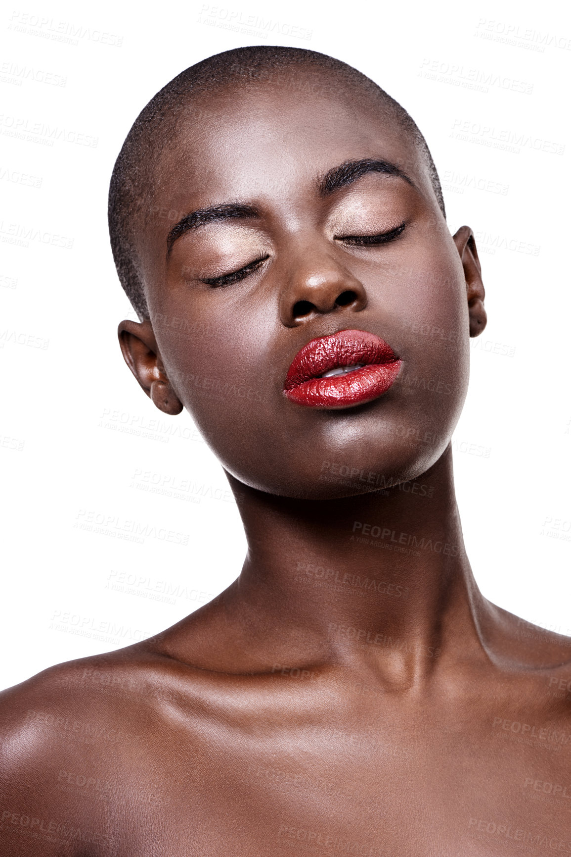 Buy stock photo African, beauty and makeup on face in studio on white background with glow on skin from dermatology. Calm, model and lipstick from cosmetics and black woman with healthy skincare in mockup space