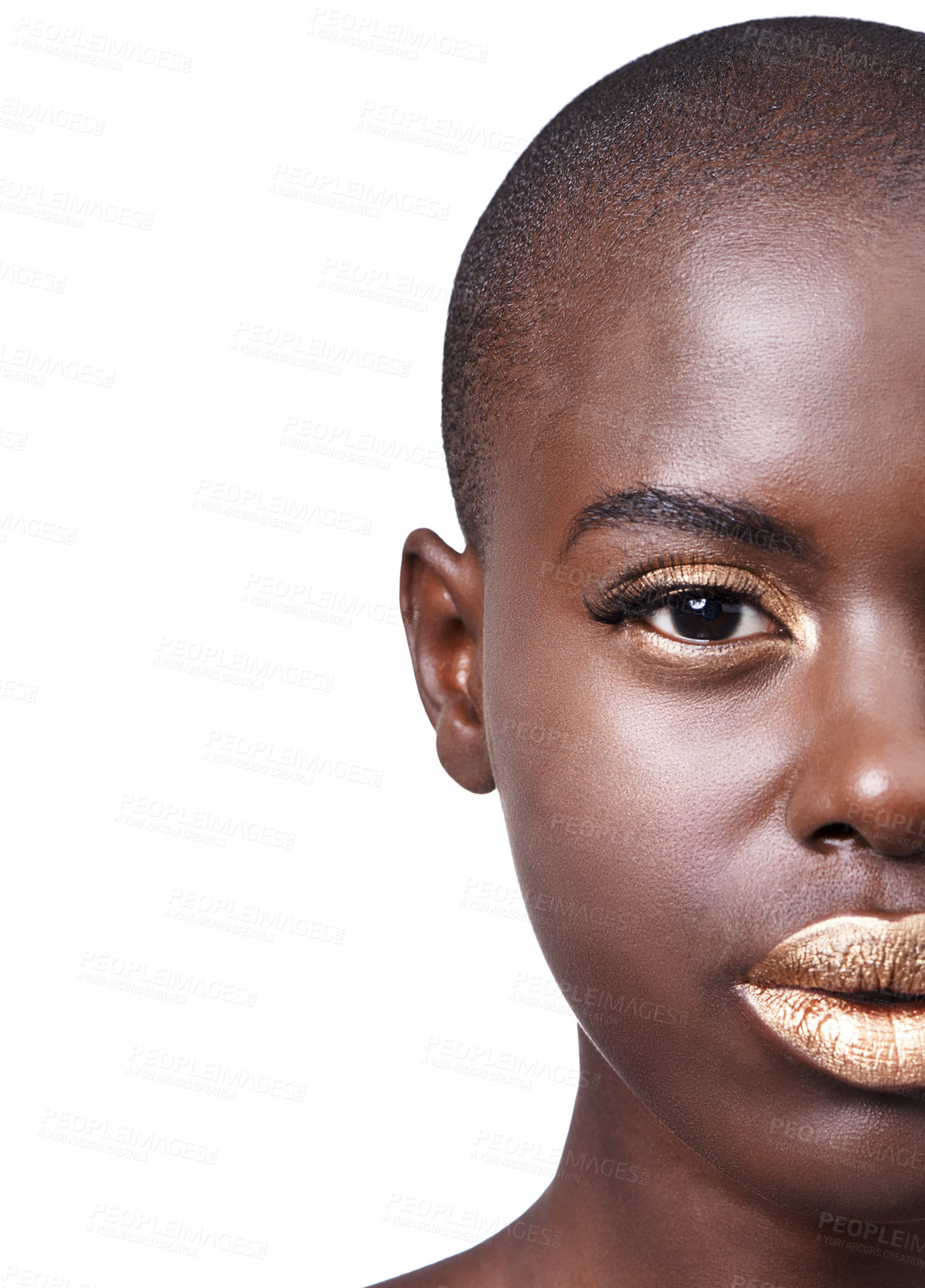 Buy stock photo Portrait, half and black woman with lipstick, makeup and dermatology on a white studio background. African person, face and model with wellness and beauty with aesthetic, skincare or shine with glow 