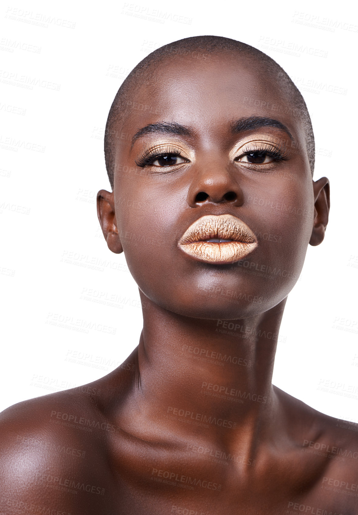 Buy stock photo Portrait of black woman, beauty or makeup with lipstick, cosmetics or healthy skin in studio. Gold color, face or serious African girl model with glow or skincare results on white background 