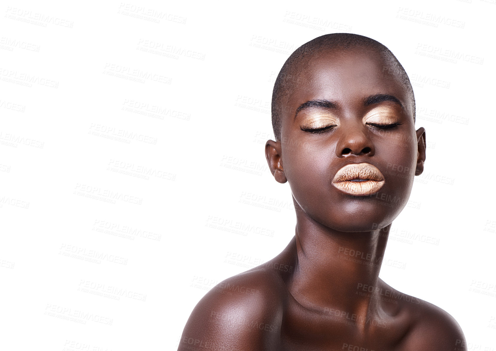 Buy stock photo Face of black woman, space or makeup with lipstick, cosmetics or beauty mockup in studio. Gold color, bald head or African girl model with glow, eyeshadow and skincare results on white background