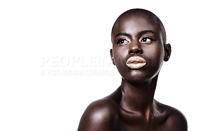Buy stock photo Mockup for black woman, thinking or makeup with lipstick, cosmetics or beauty space in studio. Gold color, bald head or African girl model with glow, eyeshadow or skincare results on white background