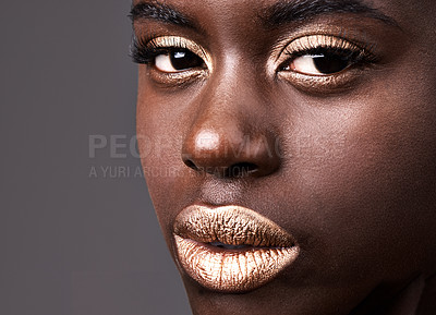 Buy stock photo Portrait, beauty and closeup for cosmetic, black woman person and lipstick on grey background. Face, gold and eyeshadow for female model from Nigeria, natural and  skincare with confidence in studio 