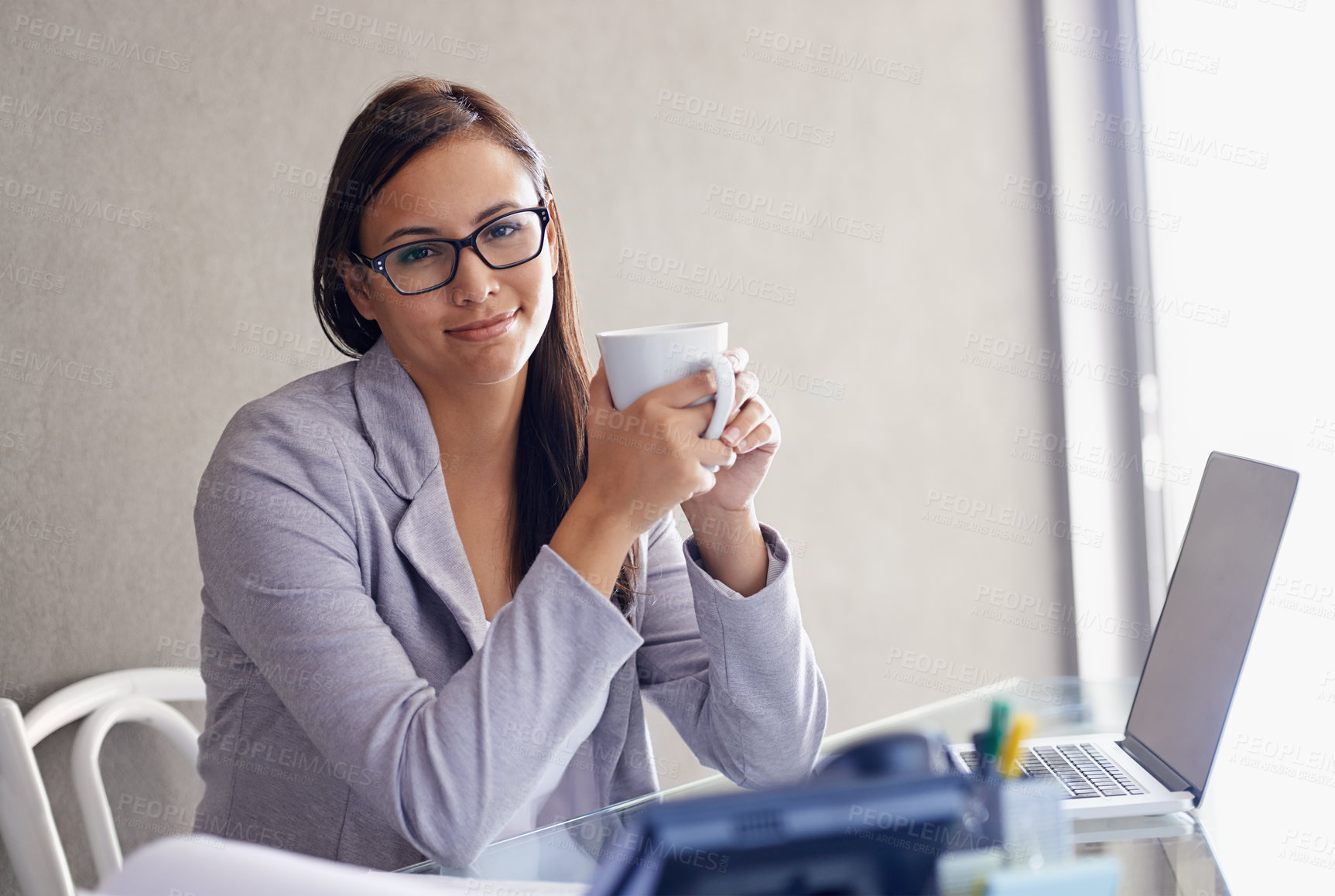 Buy stock photo Coffee, laptop and portrait of business woman in office with confident and pride attitude. Technology, cappuccino and professional financial advisor with computer for finance project in workplace.
