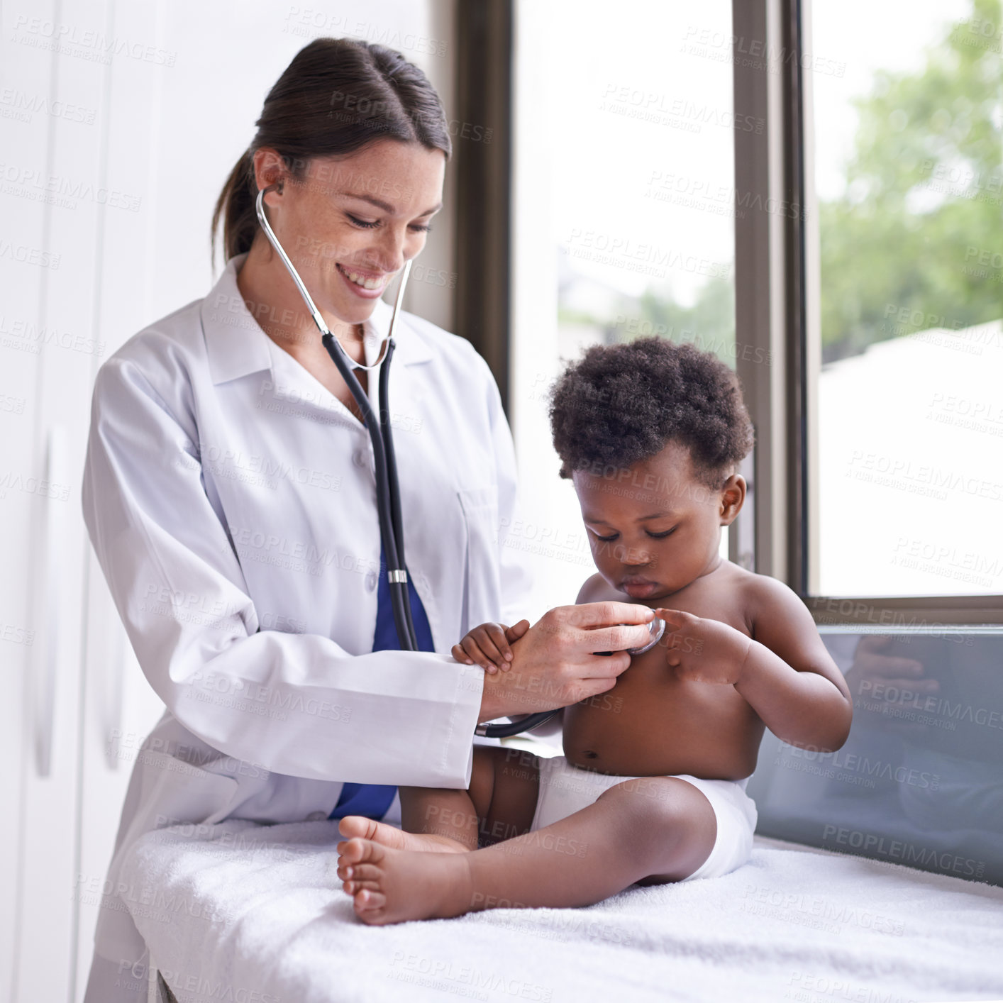 Buy stock photo Doctor woman check baby boy heart with stethoscope, pediatric cardiology and health with childhood development. Female pediatrician, African and male toddler in medical checkup at clinic or hospital