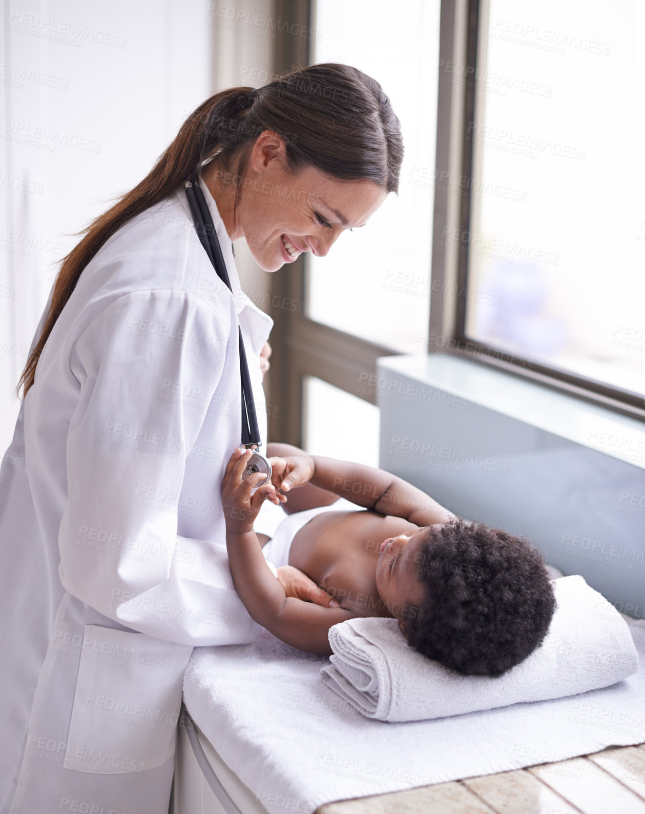 Buy stock photo Doctor woman with baby boy, healthcare and pediatrician consultation with health insurance and pediatric medicine. Female physician with smile, African and male toddler in medical checkup at clinic 