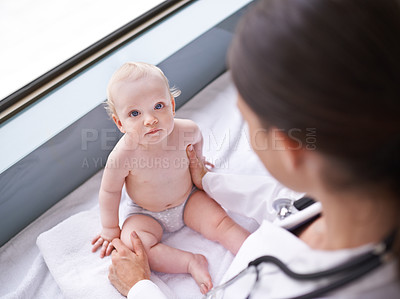 Buy stock photo Baby, portrait and pediatrician consultation for healthcare checkup on hospital bed for diagnosis, insurance or childcare. Kid, face and medical worker for sick treatment, examination or stethoscope