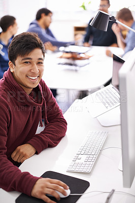 Buy stock photo Computer, programmer and portrait of happy man, software and update of information technology. Coder, employee and male person typing on keyboard for test of cybersecurity in application of office