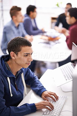 Buy stock photo Laptop, programmer and man on software for update in office with information technology for cybersecurity. Coder, employee and male person typing on keyboard of computer for test of applications