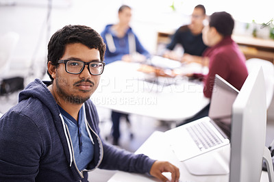 Buy stock photo Office, laptop and portrait of employee man at desk for digital agency, planning and internet research. Workplace, technology and face of male worker for online project, strategy and information