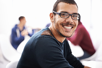 Buy stock photo College, student and man in study group with smile for exam preparation, teamwork and collaboration. Close up, male person and people in happiness or satisfied in class with notes, revision and test