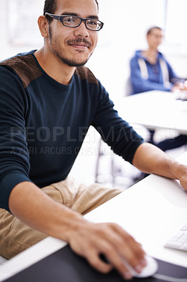 Buy stock photo Happy man, portrait and glasses with computer for creative startup in research and development at office. Handsome male person, nerd or geek working on desktop PC for design or project at workplace