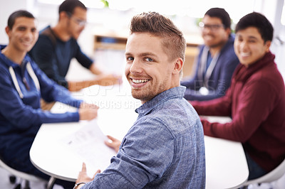 Buy stock photo Portrait, leadership and business man in office for creative project, teamwork and strategy planning. Meeting, face and diverse group of employees for collaboration, discussion and  communication