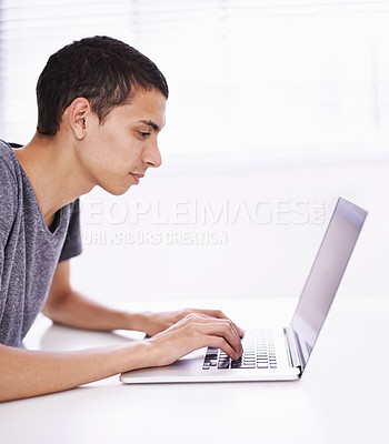 Buy stock photo University, elearning and man typing on laptop for research, study and email with education, knowledge and opportunity. Computer, reading and college student writing report for online course at desk.