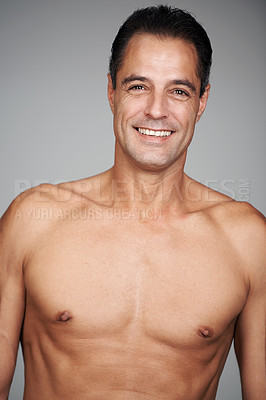 Buy stock photo Man, shirtless and smile for strength, strong and health for growth and development in body. Mature person and happy with confidence for chest, muscular and masculine for wellness, fit and care