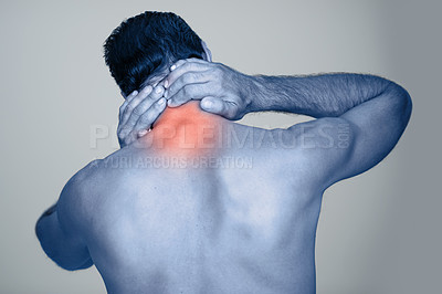 Buy stock photo Back pain, injury and body strain from fitness or exercise, stretch and gray background. Tension, hands or joint or muscle on spine for male model, studio and medical from accident with rear view