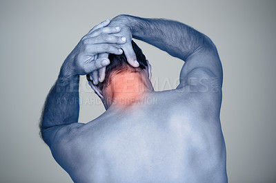 Buy stock photo Studio, man and hands for neck pain or tension with muscle inflammation, discomfort and sprain of stress or strain. Red glow, back view and person with body ache, injury and bruise on grey background