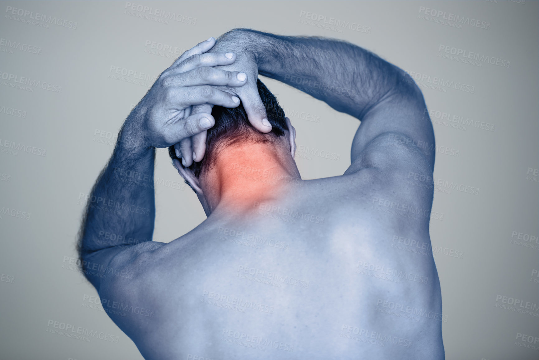 Buy stock photo Studio, man and hands for neck pain or tension with muscle inflammation, discomfort and sprain of stress or strain. Red glow, back view and person with body ache, injury and bruise on grey background