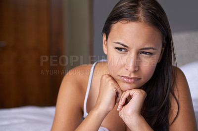 Buy stock photo Woman, relax and thinking in bedroom with inspiration, future insight with ideas about dream at home. Solution, brainstorming and mindfulness, rest in bed with reflection or memory in the morning