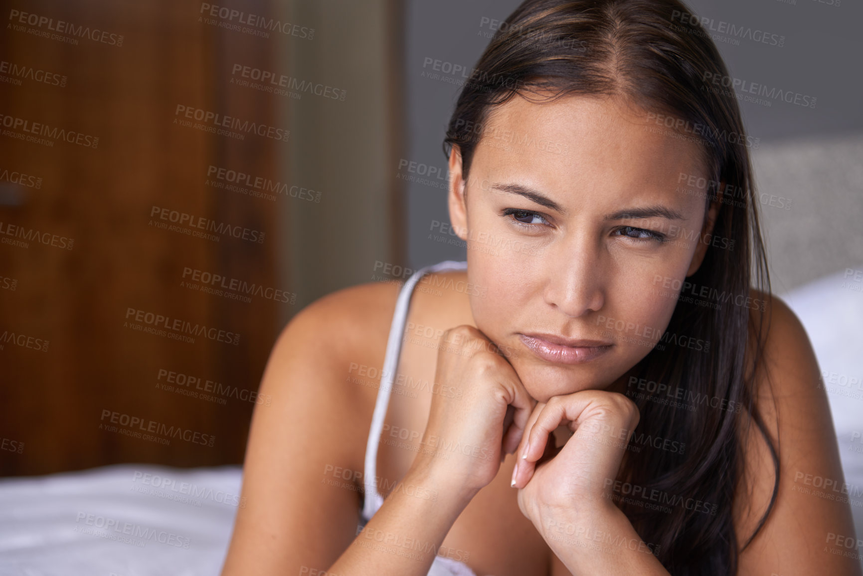 Buy stock photo Woman, relax and thinking in bedroom with inspiration, future insight with ideas about dream at home. Solution, brainstorming and mindfulness, rest in bed with reflection or memory in the morning