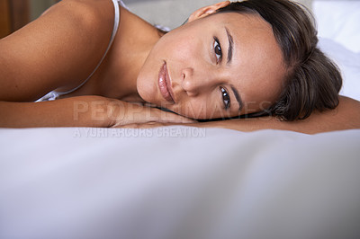 Buy stock photo Portrait, wake up and woman in bedroom for relax, sleeping and weekend rest in home. Morning, nap and face of female person for peace, quiet and lying in bed comfortable time off in apartment