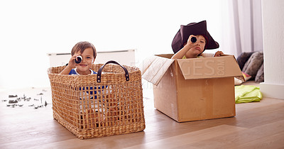 Buy stock photo Fantasy, children smile in costume as pirate and play with boat boxes in living room at their home. Happiness, creative and an adventure game with happy or excited kids pretending to sail on a ship