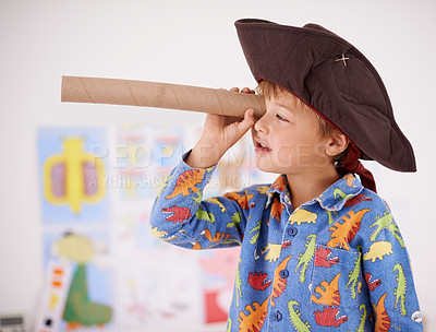Buy stock photo House, telescope or costume as pirate to play in fantasy in his bedroom with vision toy or creativity. Kid sailor, child captain or young boy in a game with pyjamas, hat or monocular to sail on bed