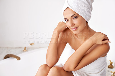 Buy stock photo Wellness, towel and portrait of woman in bathtub for facial treatment, beauty and cosmetics. Smile, cleaning and face of female person for natural skin, grooming and dermatology in apartment