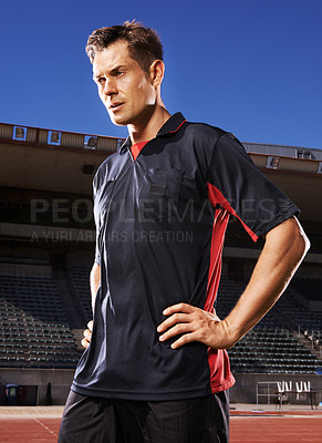 Buy stock photo Man, fitness and confident soccer player in stadium, athlete and competitive for match or game. Male person, serious face and determined for competition, outdoors and focus for football challenge